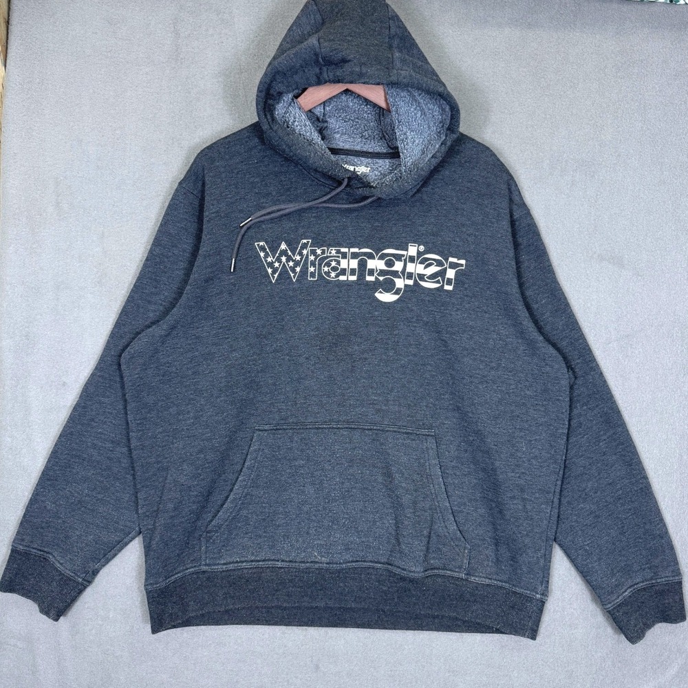 Wrangler Hoodie Men L Charcoal Grey Graphic Logo Pullover Sweatshirt Western